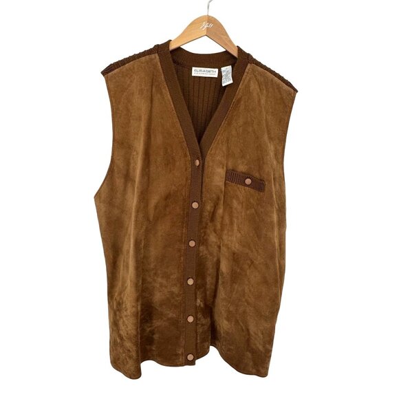 Vintage Elisabeth Suede Knit Vest Womens 3X Brown Button Prairie Cottagecore - Picture 1 of 7